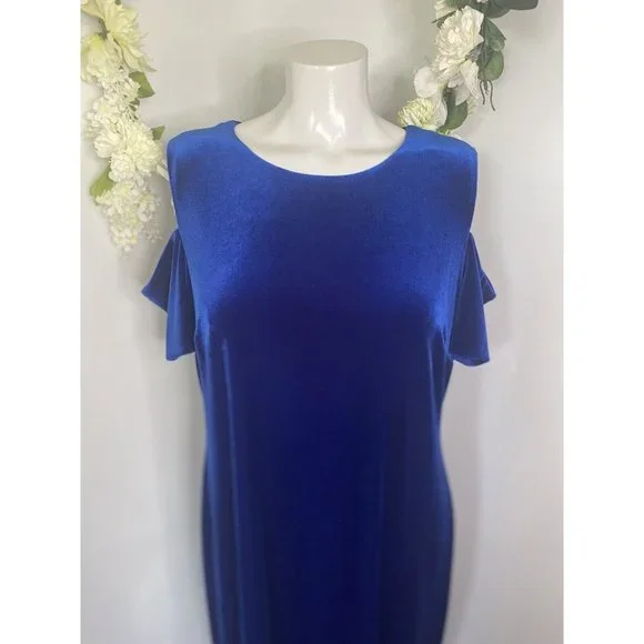 Calvin Klein Sheath Velvet Dress Womens Size 14 Solid Royal Blue Cold  Shoulder